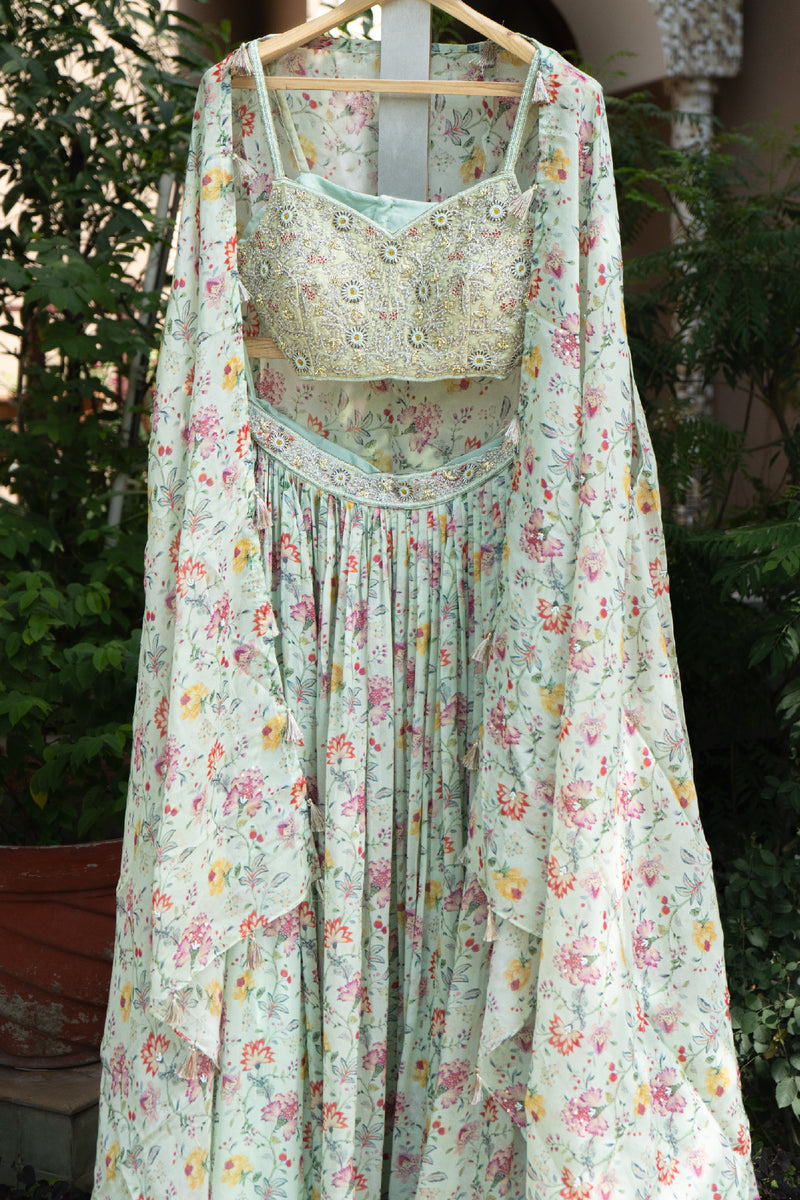 Baby Blue Floral Print Lehenga