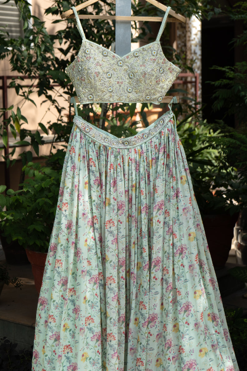 Baby Blue Floral Print Lehenga