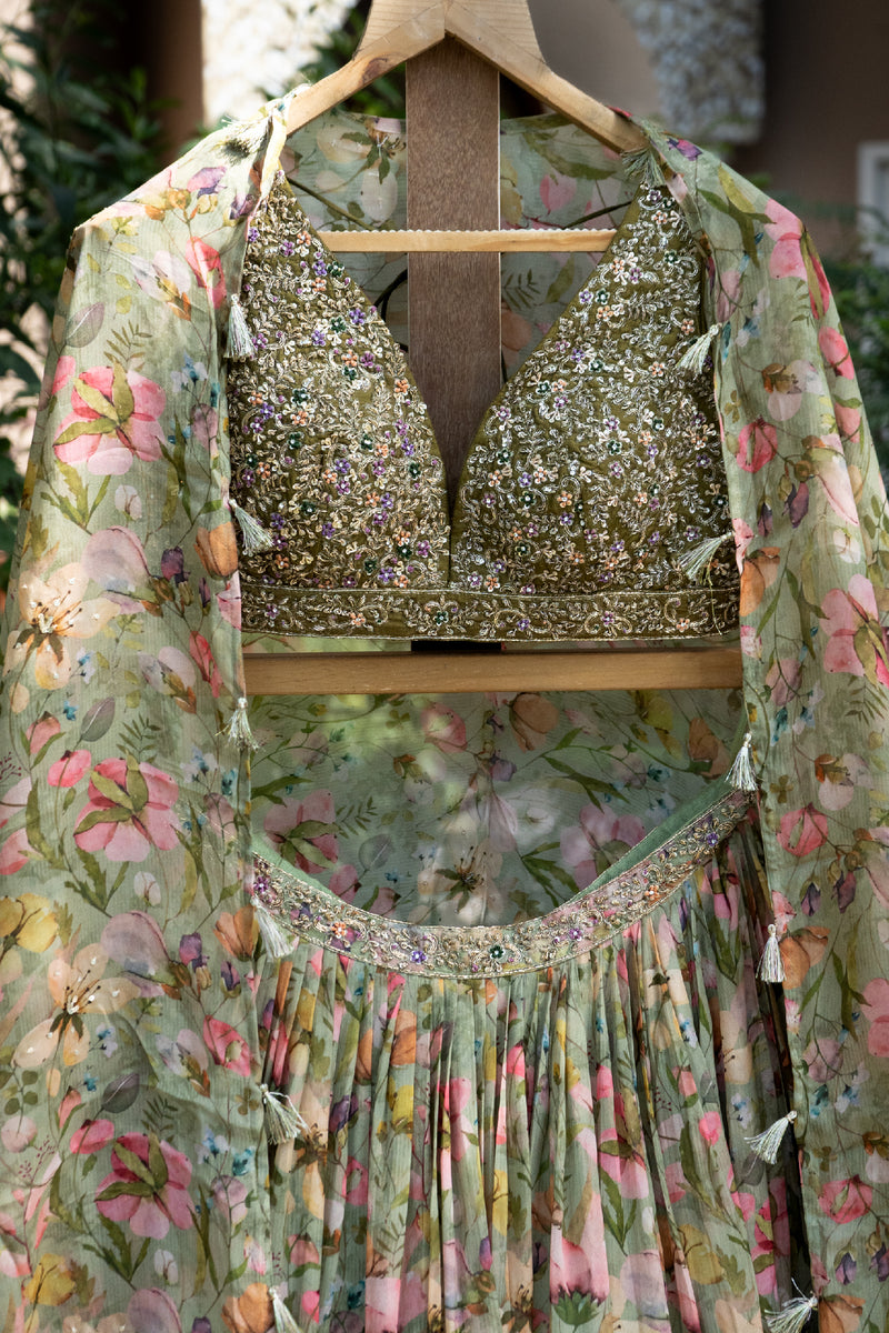 Pista Green Floral Printed Lehenga