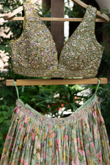 Pista Green Floral Printed Lehenga