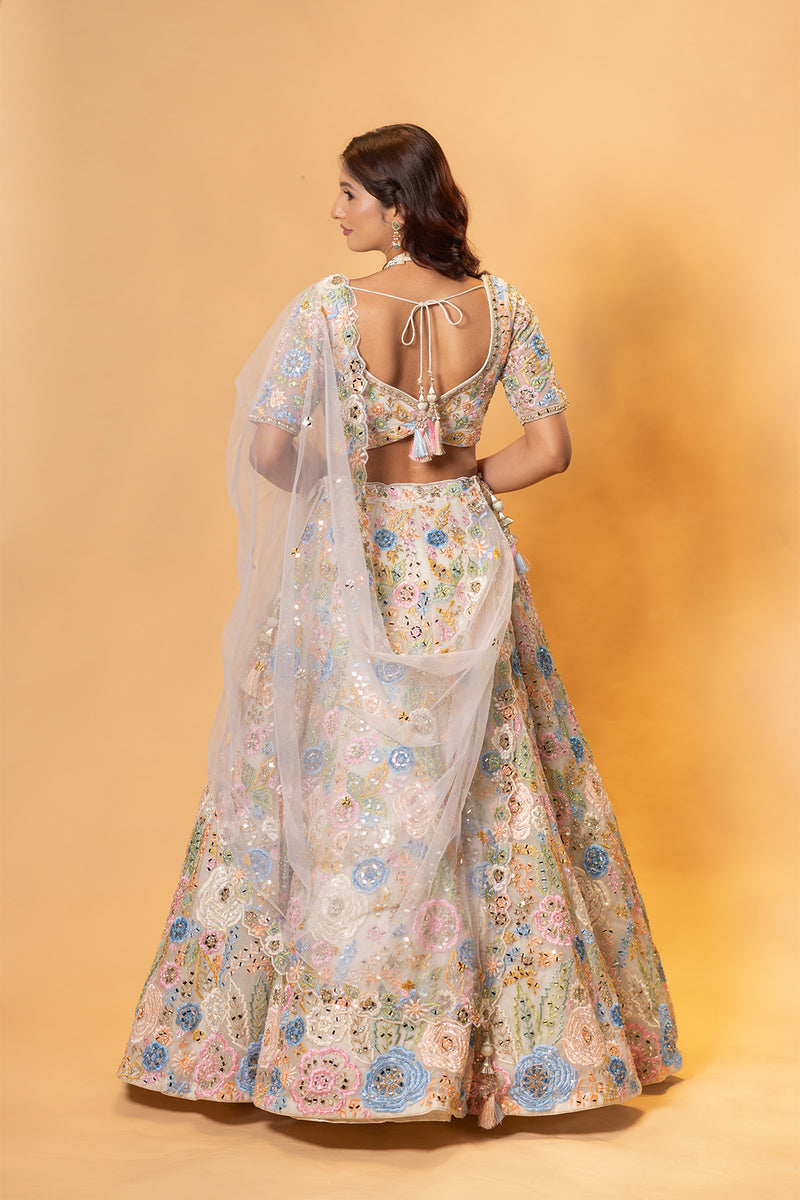 Pink nude & multi colour embroidered Lehenga set