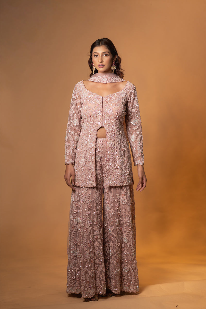 Rose pink Front Slit Hand Embroidered Sharara
