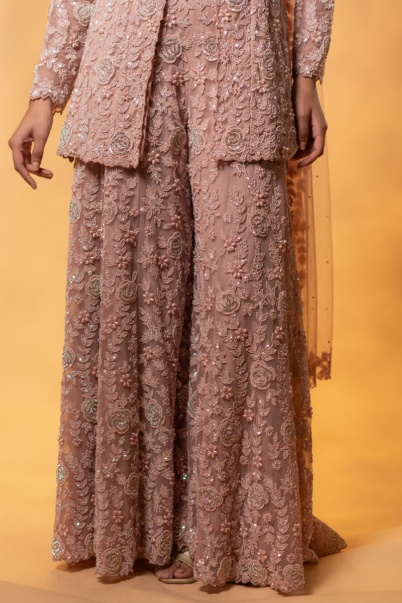 Rose pink Front Slit Hand Embroidered Sharara