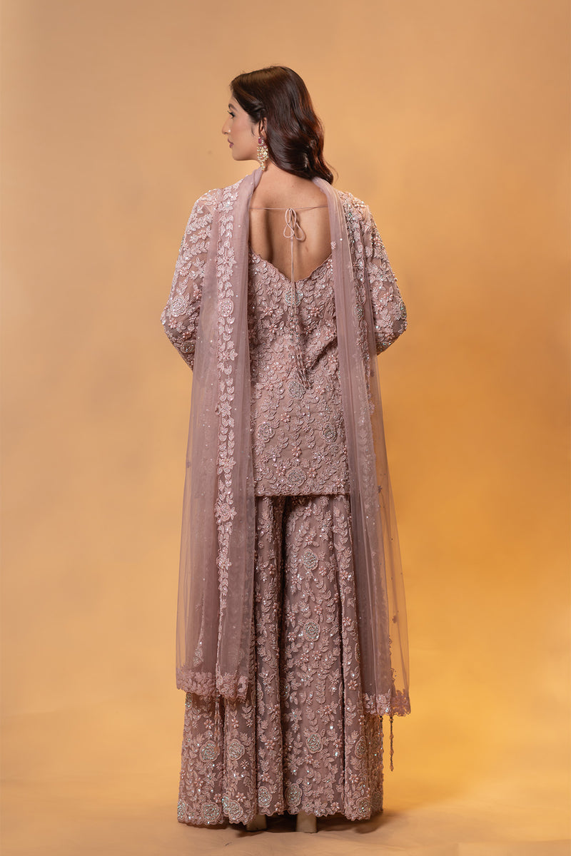 Rose pink Front Slit Hand Embroidered Sharara