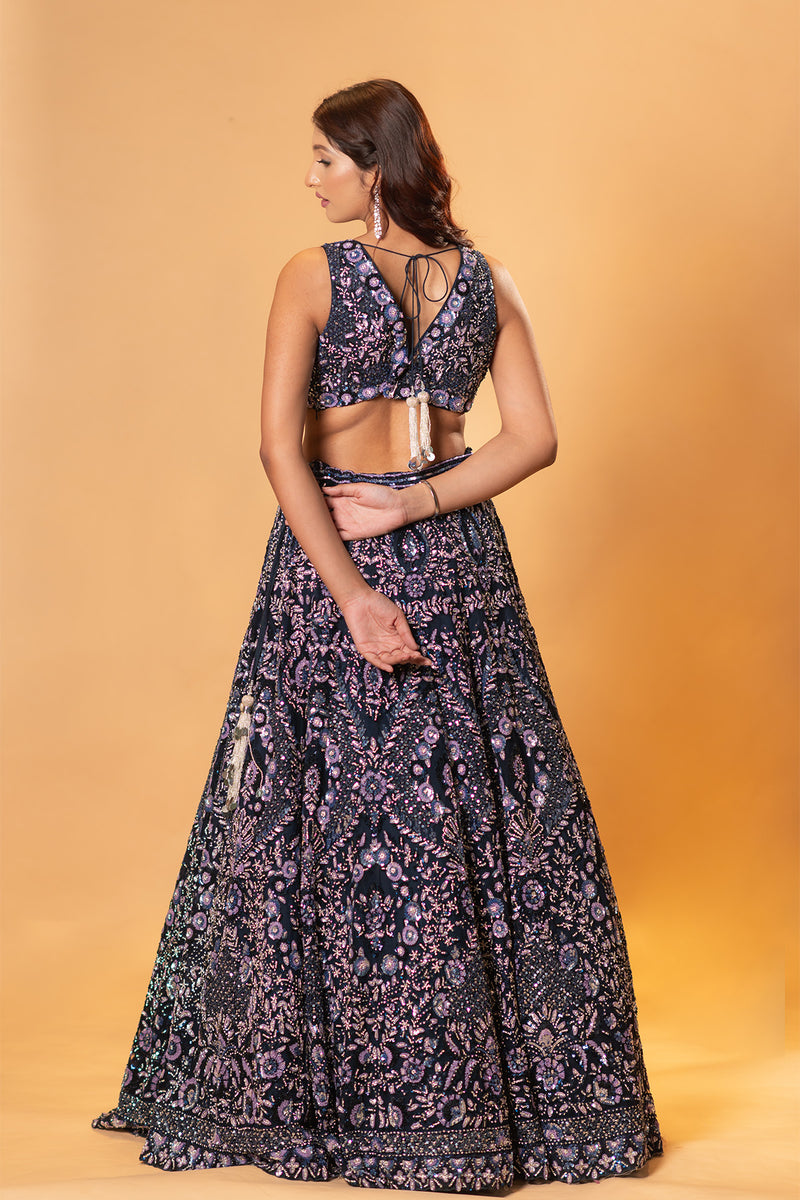 Midnight Blue Net Sequins Lehenga