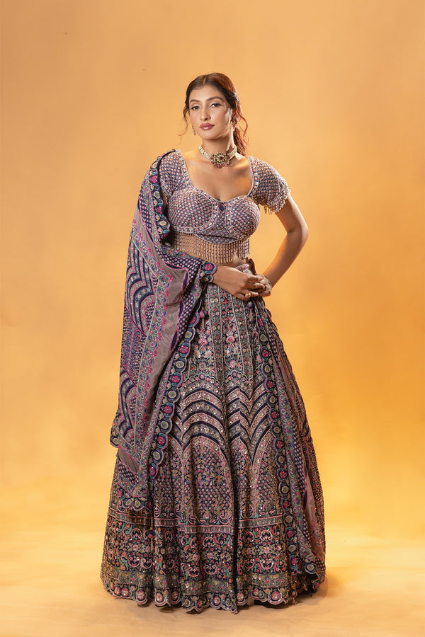 Indigo Crepe Embellished and Printed Lehenga Set