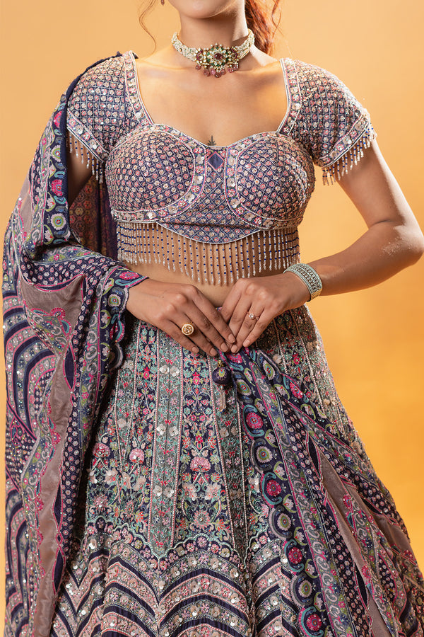 Indigo Crepe Embellished and Printed Lehenga Set