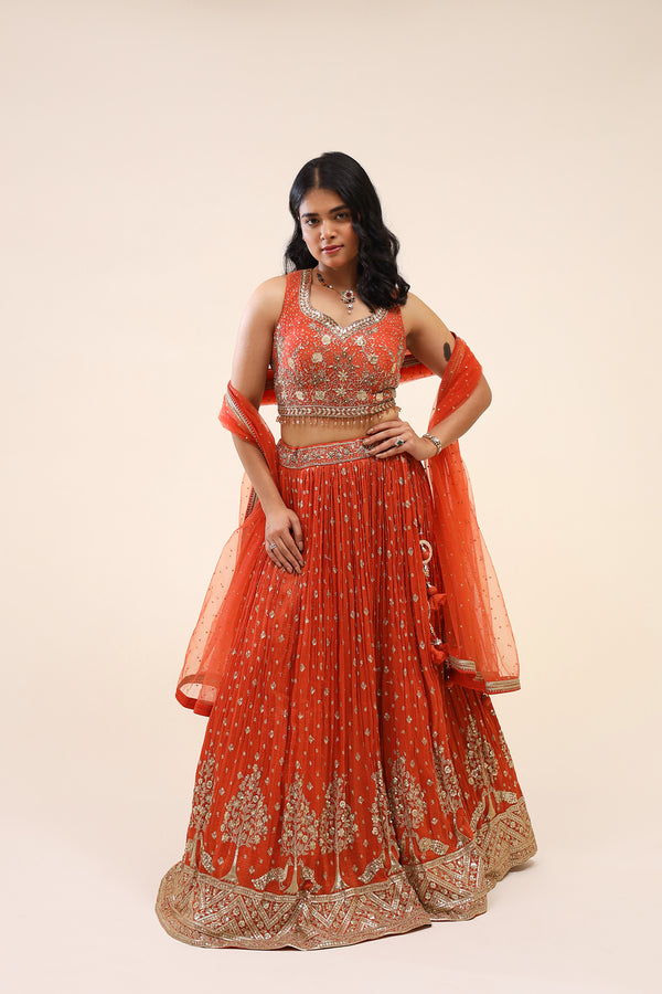 Orange Tissue Embellished Lehenga