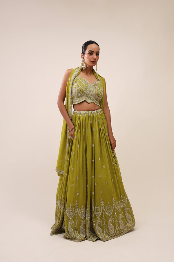 Green Georgette Embellished Lehenga