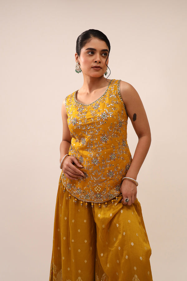 Zari Woven Sharara Set with Katdana, Mirror & Hand Embroidery