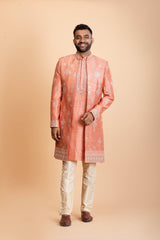 Peach Raw silk Indowestern set