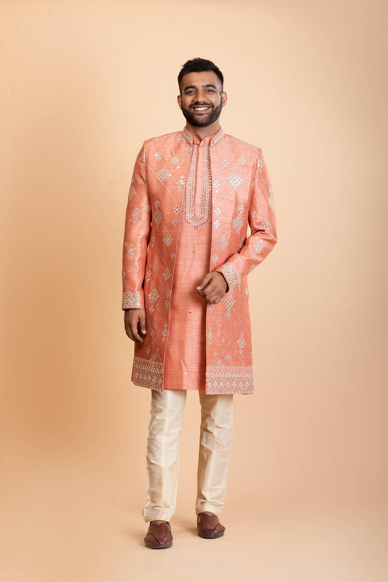 Peach Raw silk Indowestern set