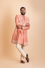 Peach Raw silk Indowestern set