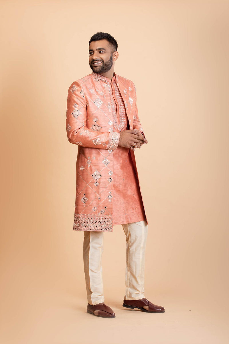 Peach Raw silk Indowestern set