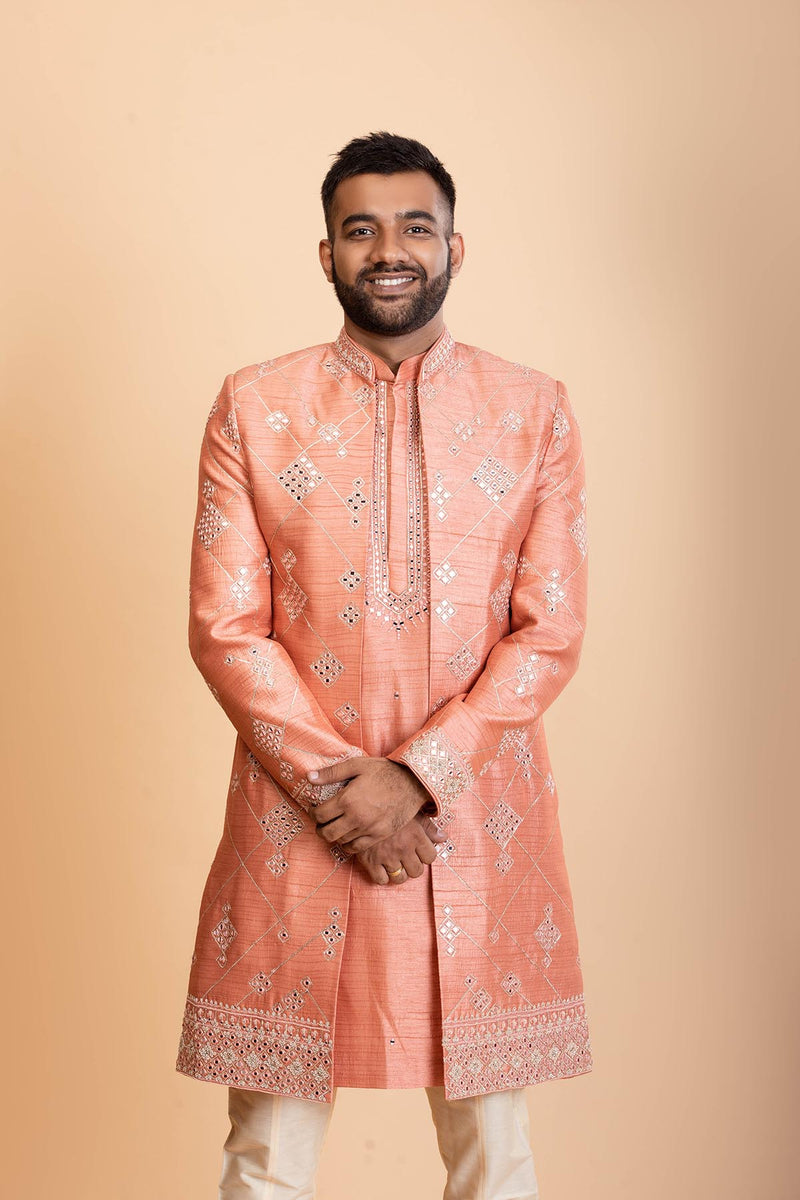 Peach Raw silk Indowestern set