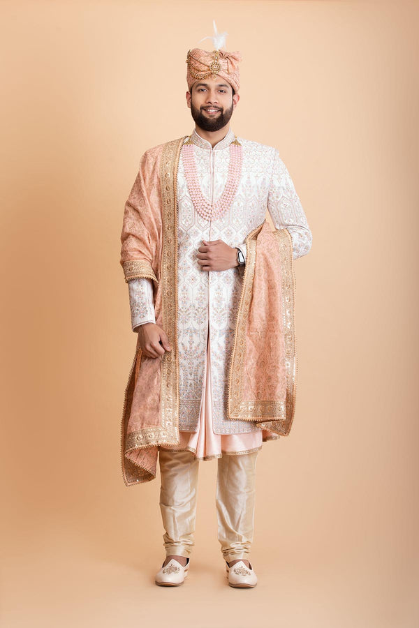 Off white raw silk Sherwani