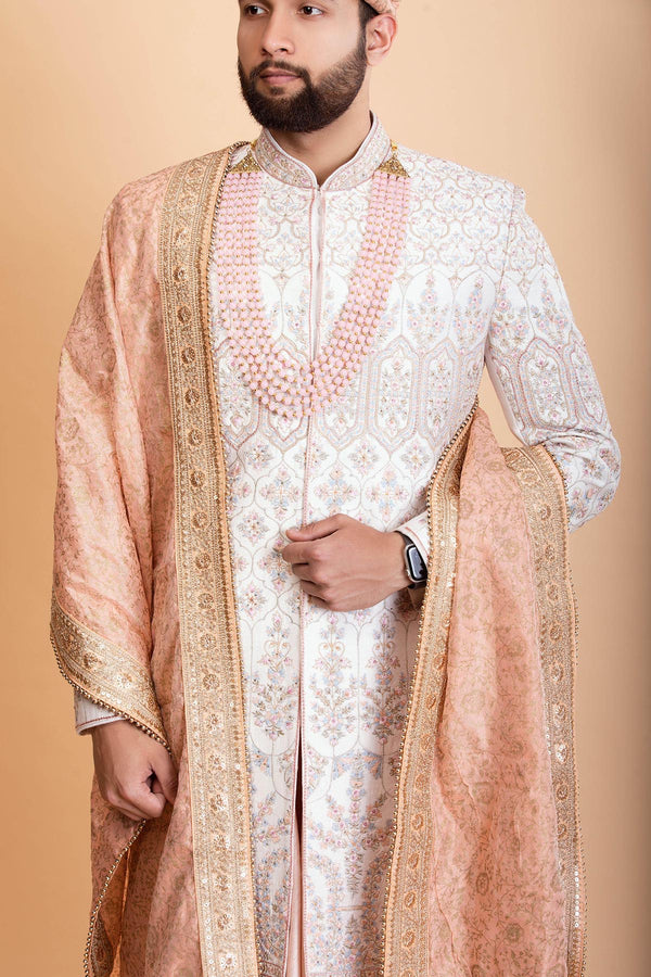 Off white raw silk Sherwani