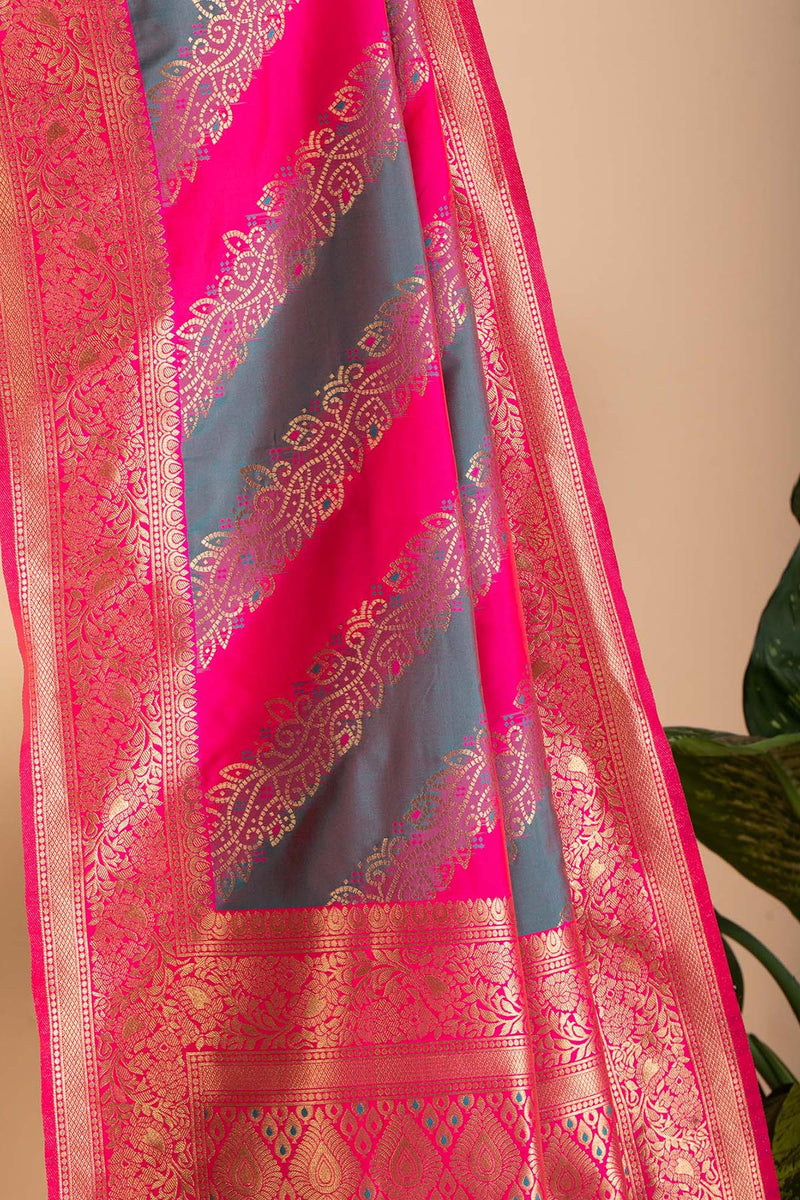 Teal Blue & Berry Pink Blended Silk Saree