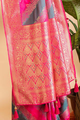 Teal Blue & Berry Pink Blended Silk Saree
