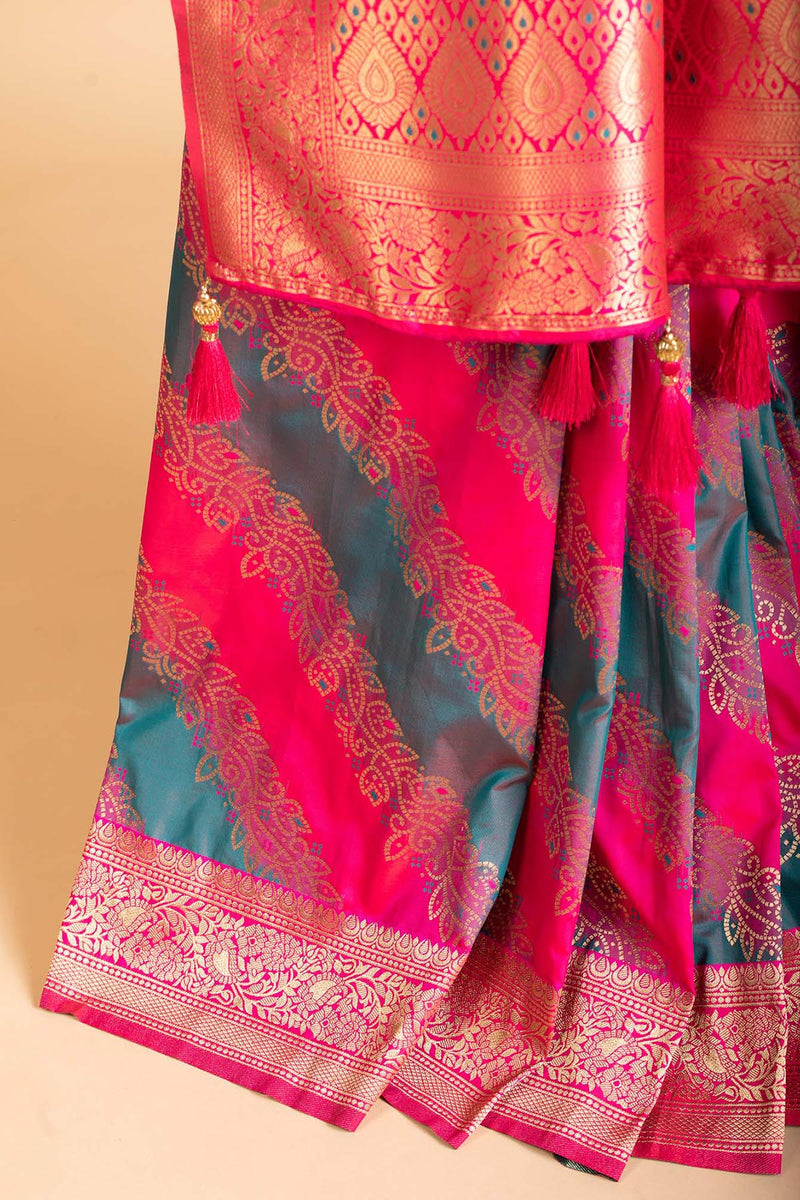 Teal Blue & Berry Pink Blended Silk Saree