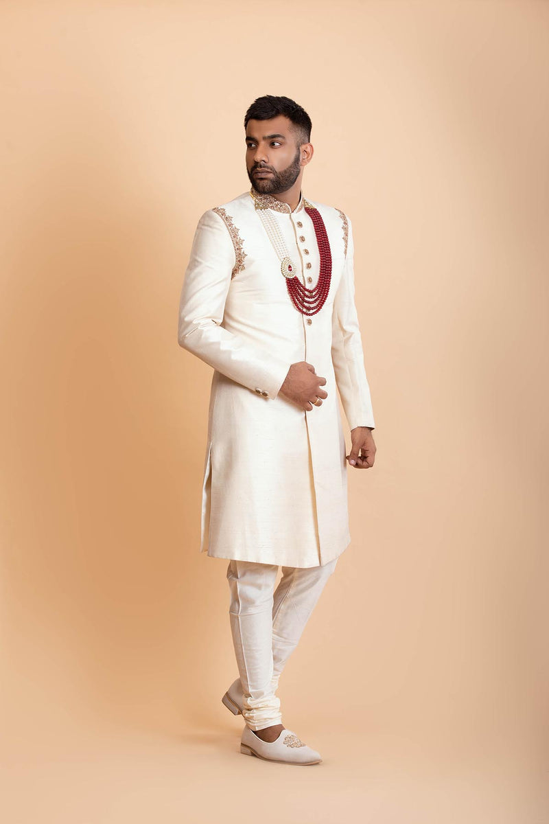Ivory Raw Silk Sherwani