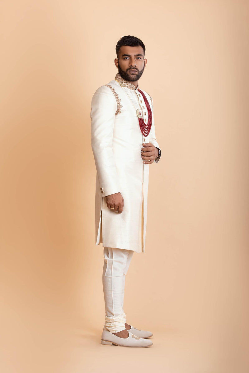 Ivory Raw Silk Sherwani