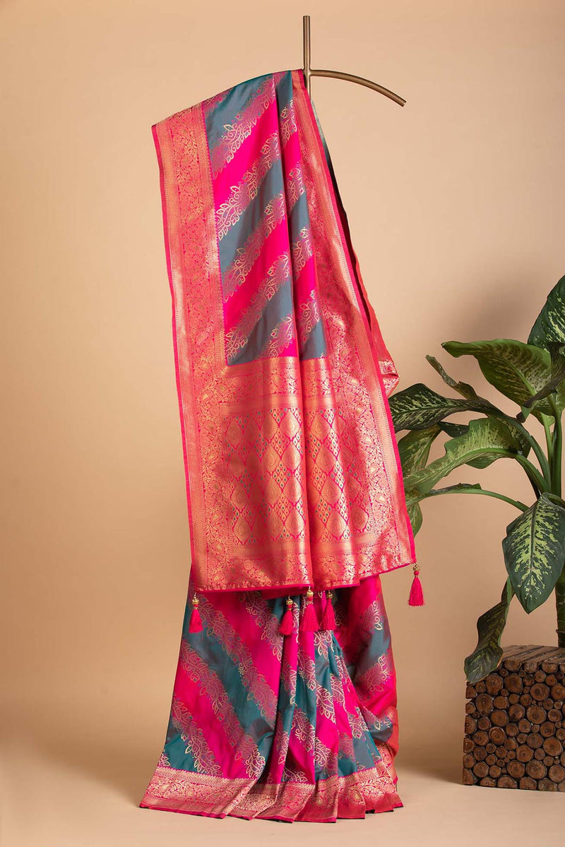 Teal Blue & Berry Pink Blended Silk Saree