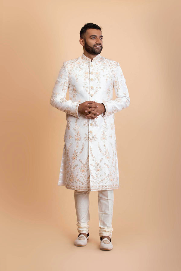 Off white Sherwani with Resham work