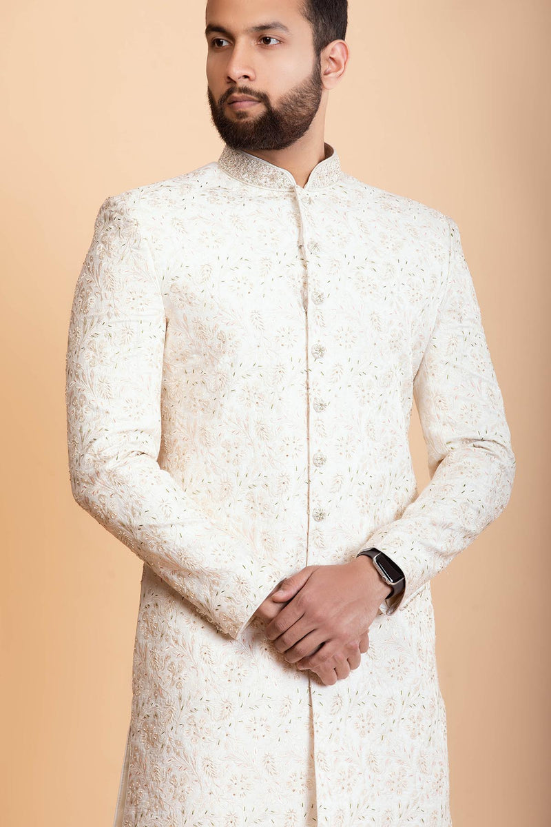 Off white Raw Silk Sherwani