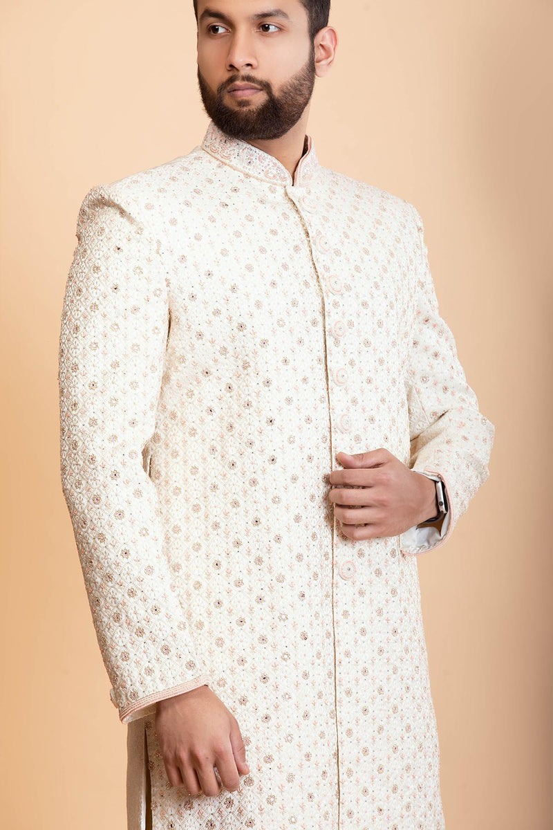 Ivory Raw silk sherwani