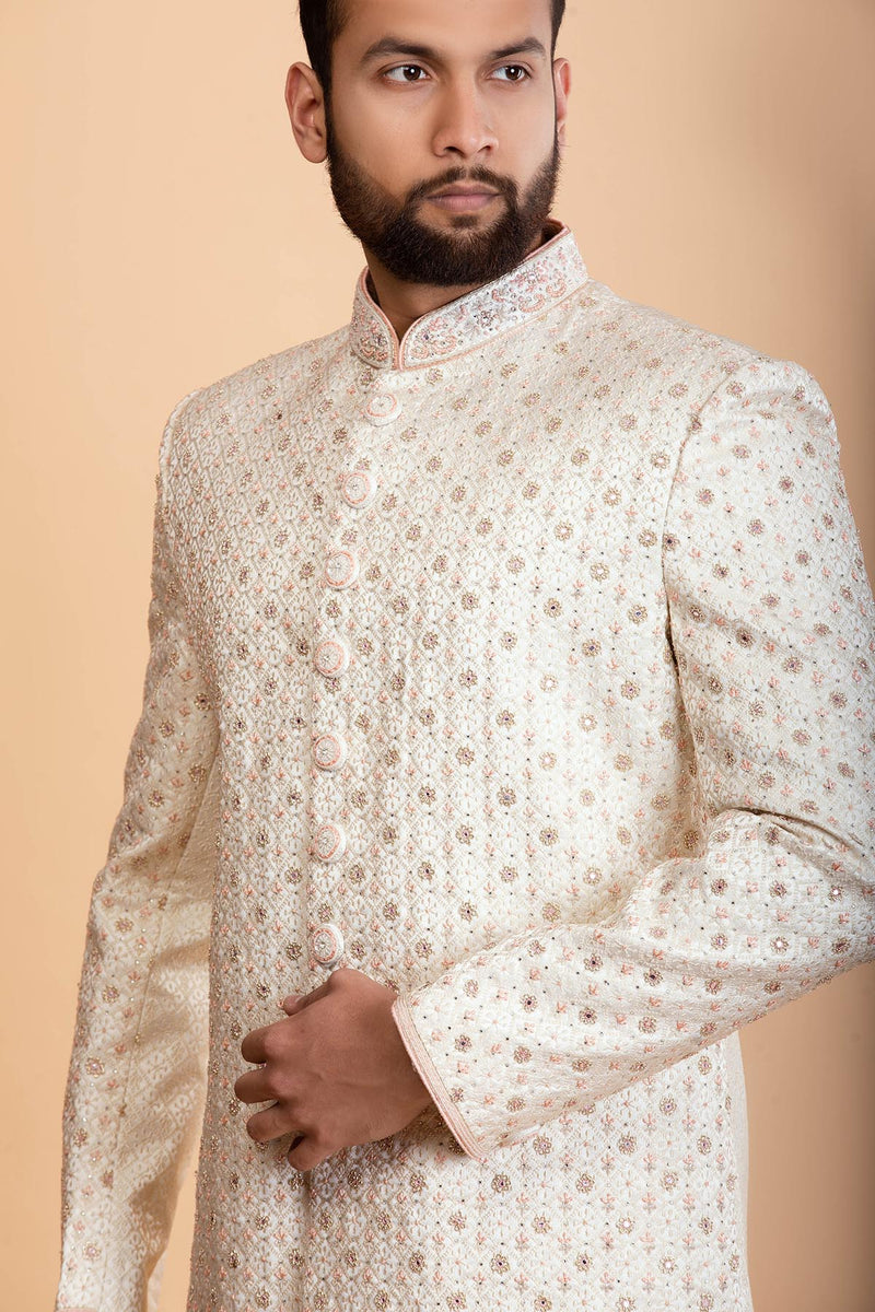 Ivory Raw silk sherwani