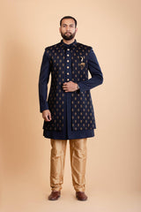 Navy Blue Silk Indowestern Set