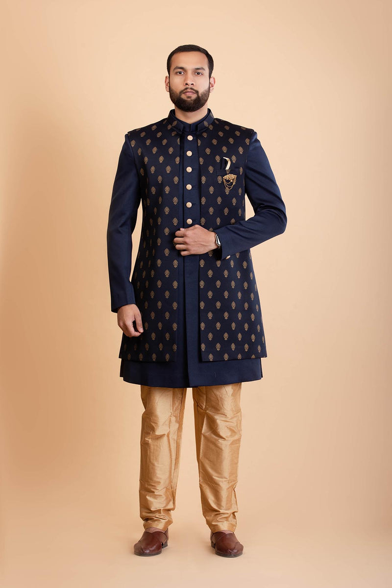 Navy Blue Silk Indowestern Set