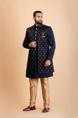 Navy Blue Silk Indowestern Set