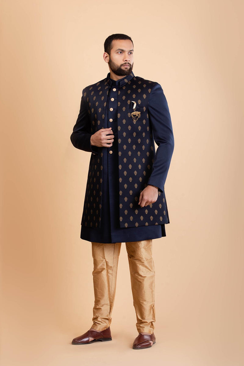 Navy Blue Silk Indowestern Set