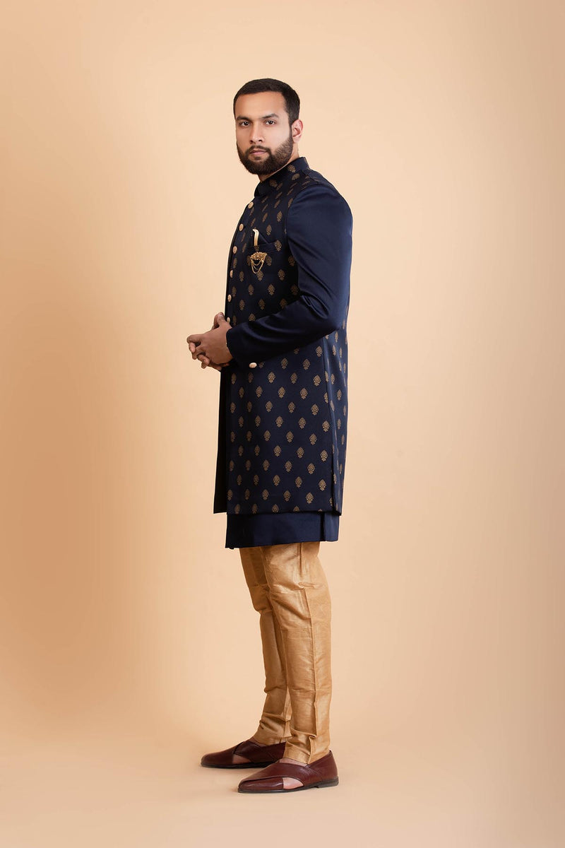 Navy Blue Silk Indowestern Set
