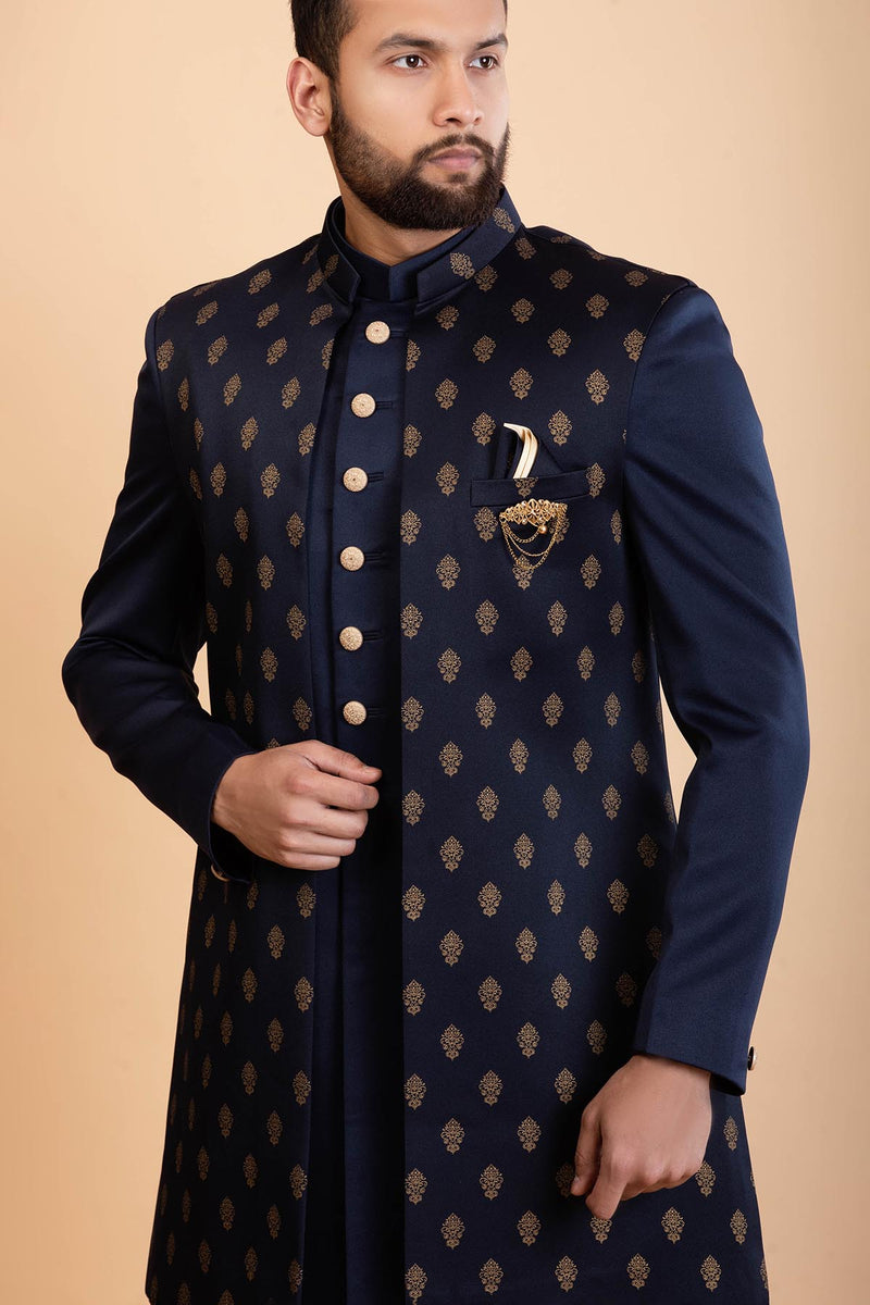 Navy Blue Silk Indowestern Set