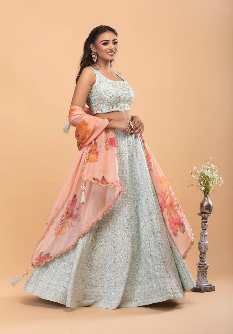 Powder Blue Georgette Lehenga with Sequins