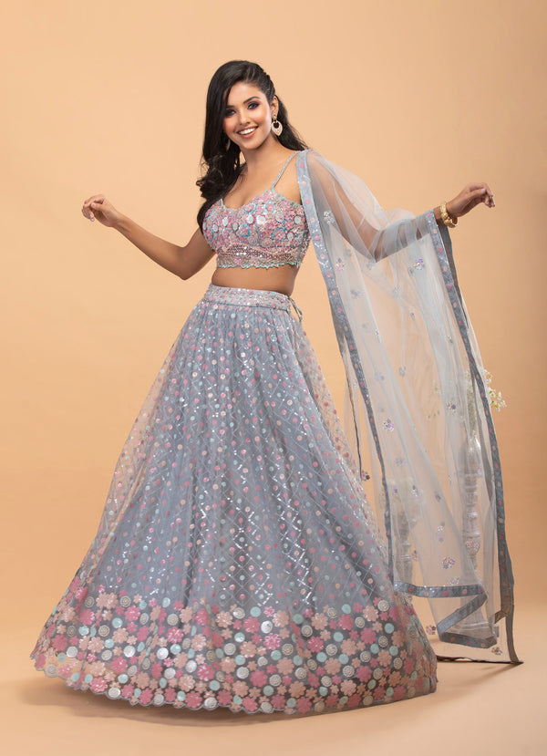 Light Grey Net Lehenga with Sequins