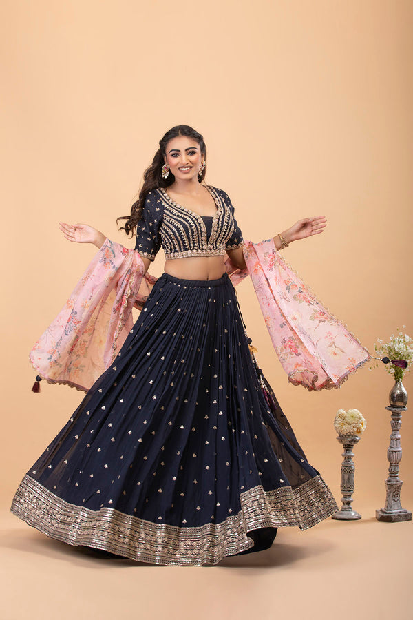Navy Blue Lehenga Set with zari & pearl work
