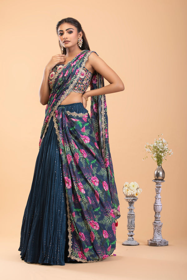 Navy Blue Georgette Lehenga Set with Sequins