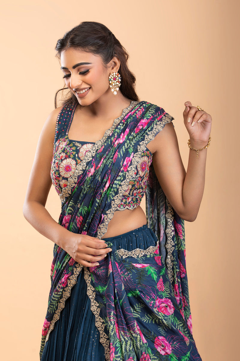 Navy Blue Georgette Lehenga Set with Sequins