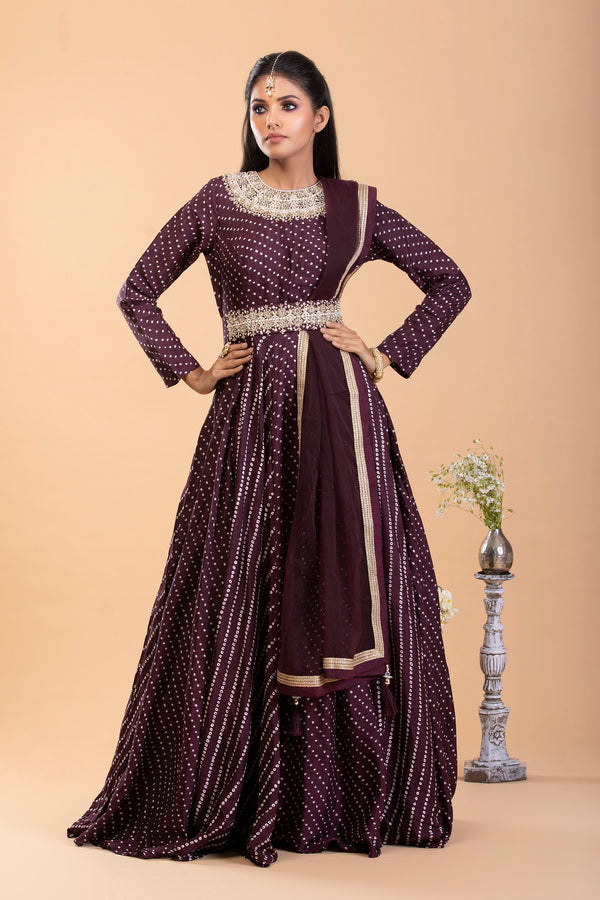Wine toned Bandhani print Anarkali set