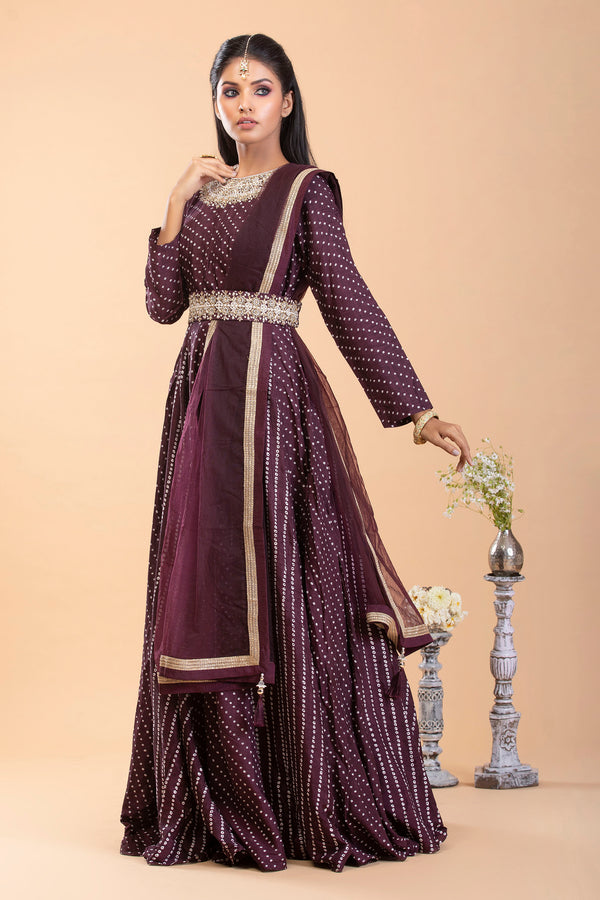 Wine toned Bandhani print Anarkali set