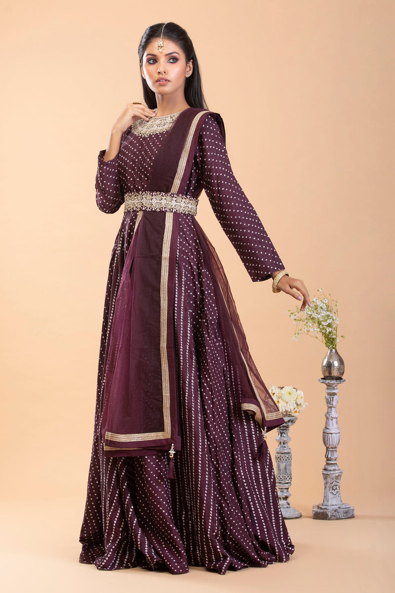 Wine toned Bandhani print Anarkali set