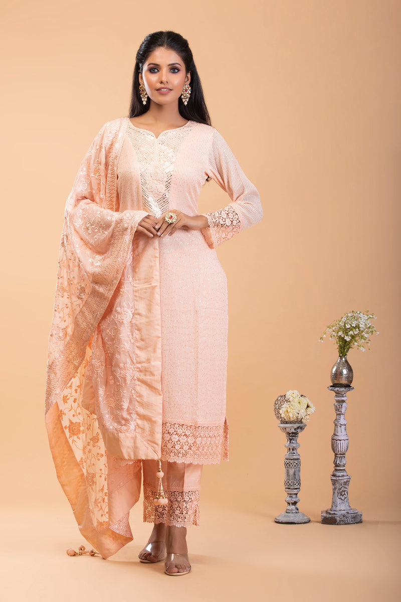 Salmon Pink Georgette Straight Suit