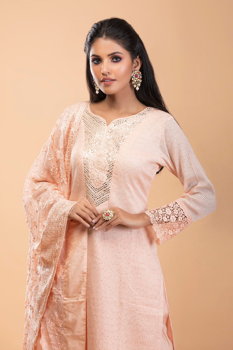 Salmon Pink Georgette Straight Suit