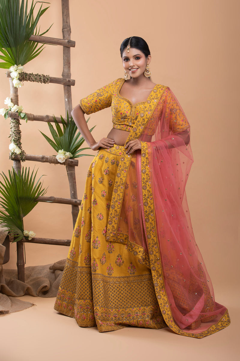 Yellow Bridal Silk Lehenga Set
