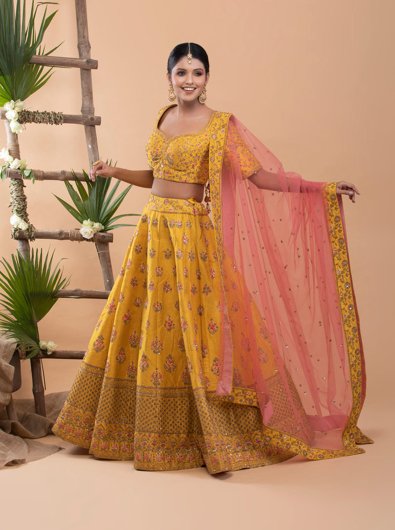 Yellow Bridal Silk Lehenga Set