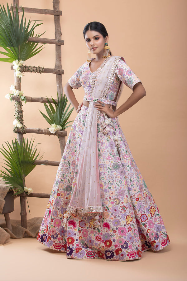 White Lehenga Set with colorful floral design